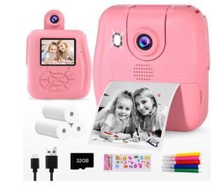 Kids Camera Instant Print - 1080P HD Instant Print 3 RollsPaper, 5Pens, 32GB